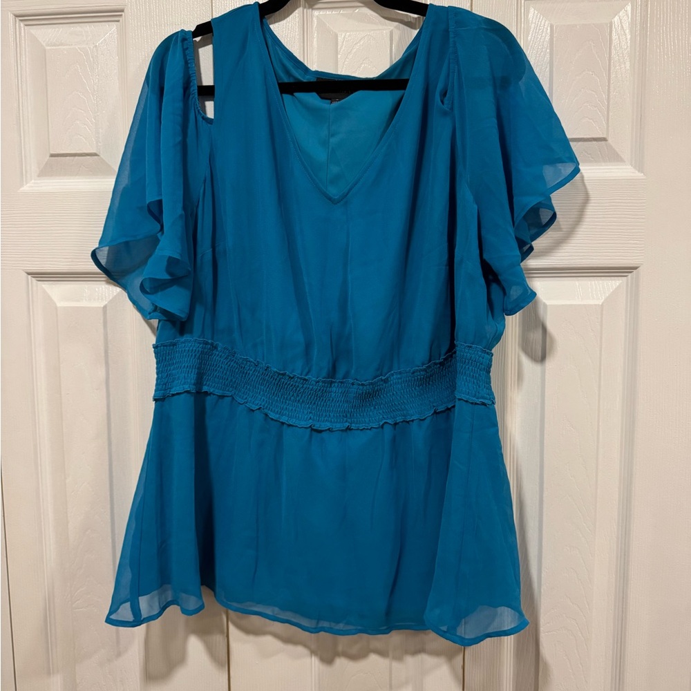 Lane Bryant Blue Flutter Sleeve Blouse Relaxed Ruffled